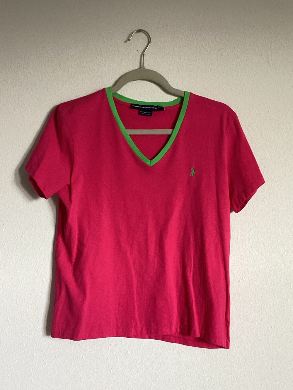Ralph Lauren Hot Pink V-Neck Tee with Green Trim